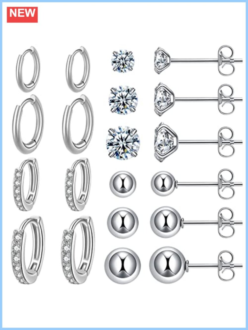 316L Surgical Steel Huggie Hoop CZ Stud Earrings Set Women 10 Pairs